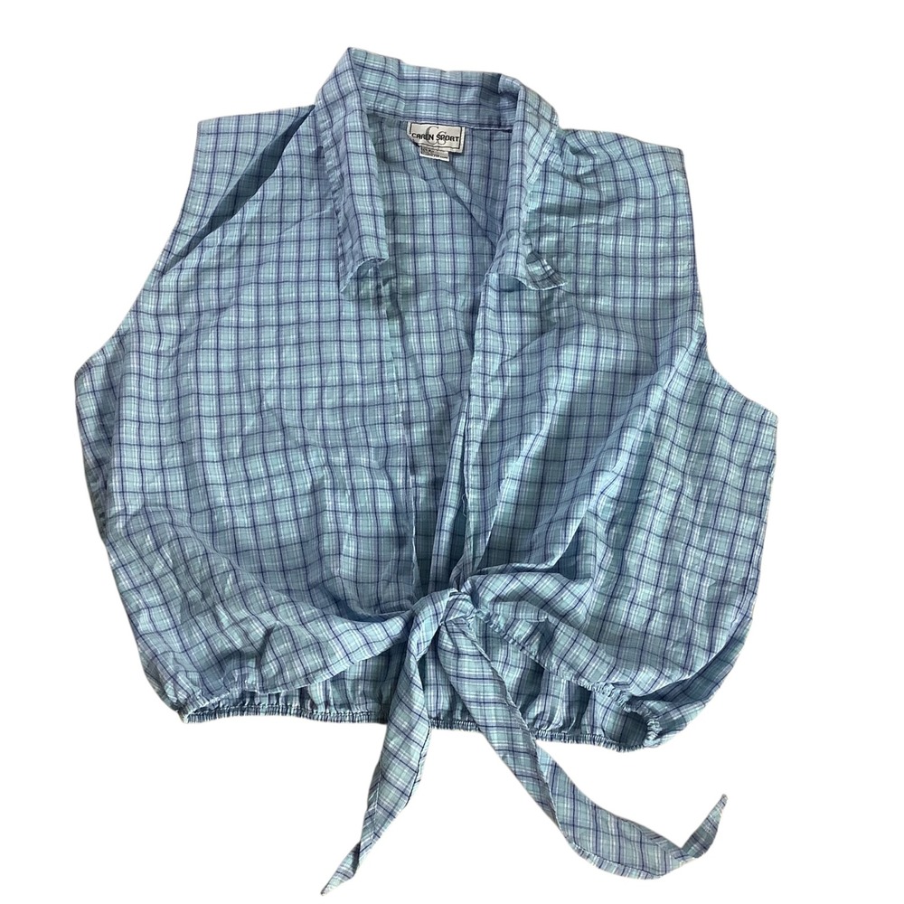 Caren Sport Plaid Tie Front Sleeveless Top Womens 2X Blue Plaid Coastal Preppy